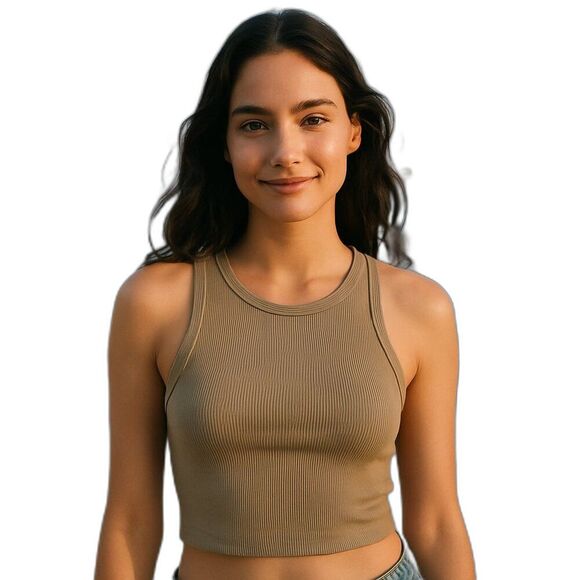 Zara Large Fits XS/S Ribbed Taupe Crop Tank Stretch Knit Sleeveless Racerback - Picture 1 of 11